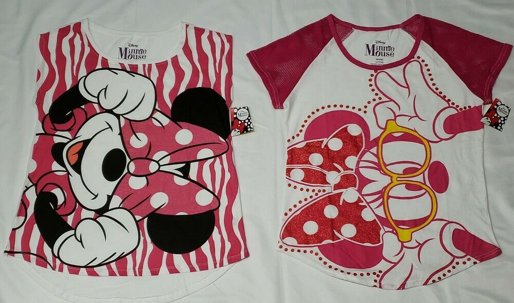 Two MINNIE MOUSE T-SHIRT White Pink Shirt L 11/13 Lot of 2